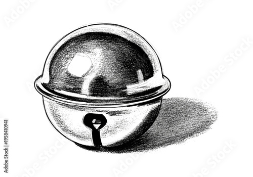 Close-up sketch of a single silver jingle bell with a dark shadow