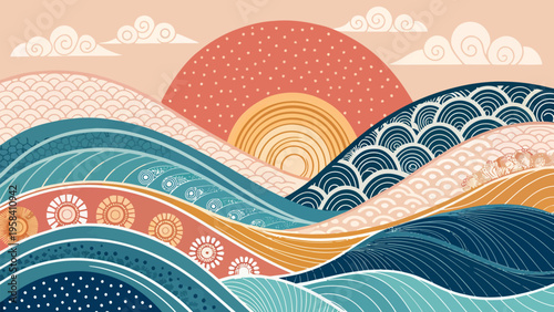 Vibrant abstract wave pattern with sunset background colorful shapes and textures decorative swirls
