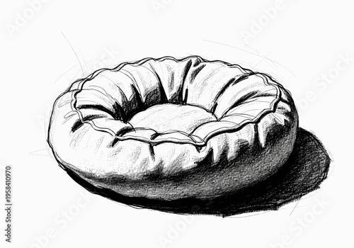 Hand-drawn sketch of a plush, round pet bed with soft, inviting contours