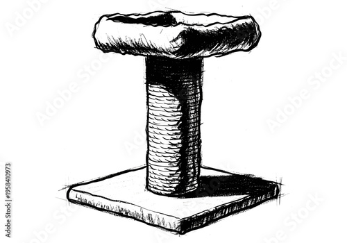 Hand drawn sketch of a simple cat scratching post with a sisal rope wrapped post