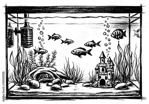 Sketch of a lively aquarium with fish swimming around a castle and plants