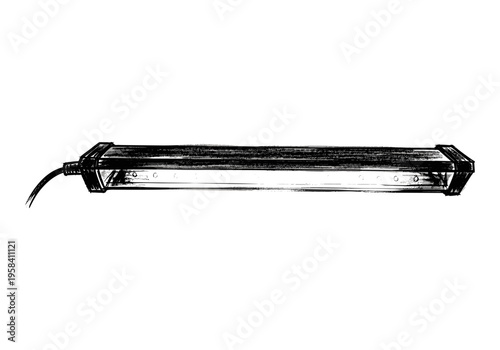 Hand drawn illustration of a long fluorescent light fixture with a black casing and cord