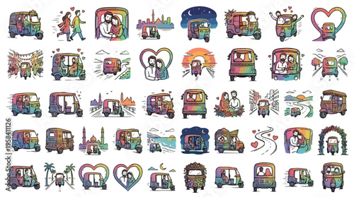 Romantic Rickshaw Travel Icon Set in Watercolor Style. A collection of Couple Linear Icons, including auto, rickshaw, mosque, sunset, hearts, city, marriage, beach, culture