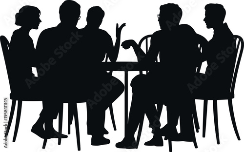 People sitting at table silhouettes talking, business meeting discussion concept, teamwork and communication, group conversation isolated black figures on white background