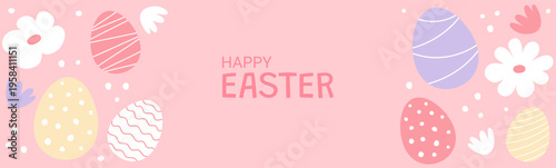 Happy Easter banner with colorful eggs and flowers on pink background. Festive spring holiday greeting card design. Decorative seasonal graphic element. Vector illustration