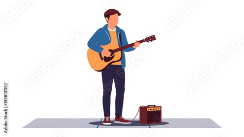 Melodic Street Musician: A talented musician stands on a vibrant street, pouring heart and soul into his music. He strums his guitar, creating a captivating melody for passersby.
