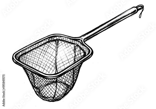 Hand drawn sketch of a fishing net with a long handle and mesh netting