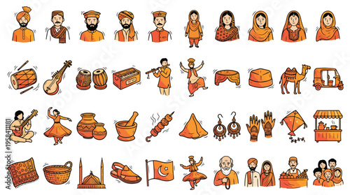 Pakistani Culture Icon Set in Hand-drawn Doodle Style. A collection of South Asian Linear Icons, Including people, dhol, sitar, mosque, camel, food, rickshaw, flag