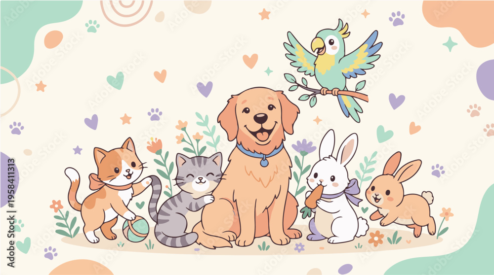 Naklejka premium Group of Cute Cartoon Pets Including Dog Cat Rabbit and Parrot Illustration
