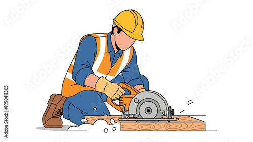 Construction Worker at Work: A construction worker, safely attired in protective gear, uses a circular saw to meticulously cut through wood on a construction site.
