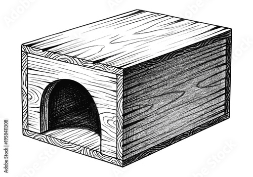 Simple wooden pet house with arched doorway and textured wood grain detail