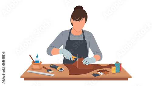 Artisan's Craft: An artisan meticulously cuts leather, engrossed in crafting with specialized tools, creating beautiful products
