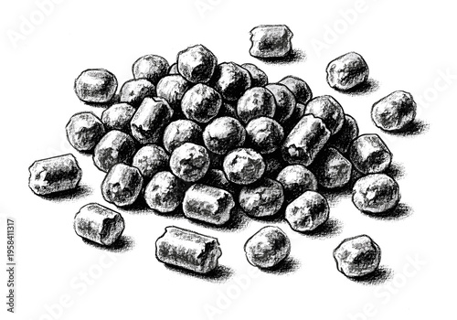 Pile of small, textured, irregular shaped food pellets or seeds in a black and white illustration