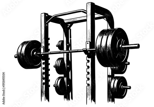 Heavy barbell loaded with weight plates inside a sturdy power rack for strength training