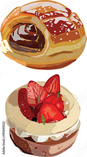 Breakfast Bakery Vector Illustration – Chocolate Bun & Strawberry Cream Cake