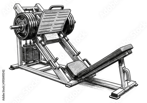 Detailed illustration of a heavy-duty leg press machine with weights