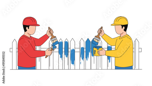 Two Builders Painting Fence: Two men in hard hats and work clothes are painting a white picket fence blue with paintbrushes.
