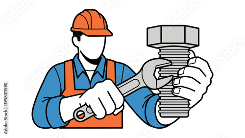 Precision in Action: A skilled technician, clad in work attire and protective headgear, meticulously tightens a large bolt with a wrench.