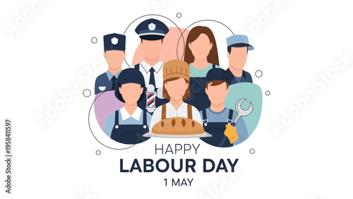 Happy Labour Day: A diverse group of people from different professions is gathered together in a vibrant display, honoring the essence of labor, hard work, and dedicated service on Labour Day.