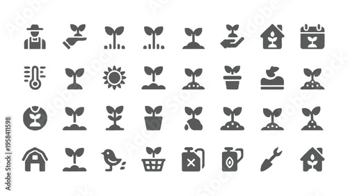 Set of gray icons related to gardening and plant growth on white background