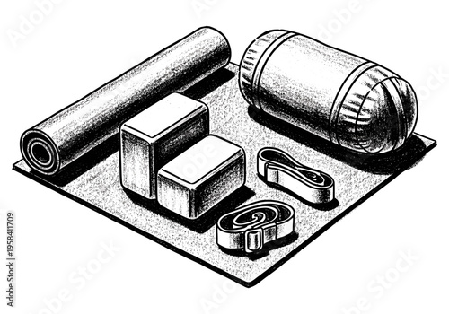 Collection of yoga and fitness accessories arranged on a mat for a workout session