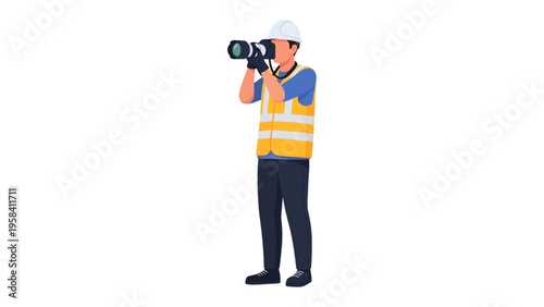 Construction Photographer: A focused construction worker stands firm, using a camera to capture a moment within the site, dressed in appropriate attire and taking photographs to document the build.