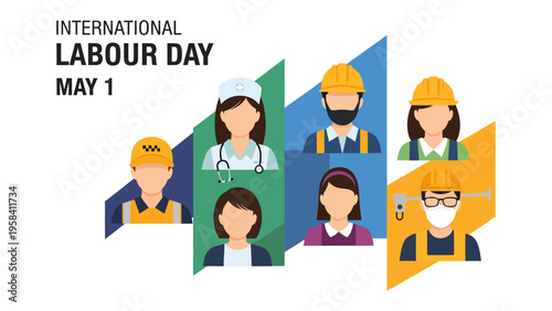 International Labour Day Celebration: A graphic design commemorating International Labour Day, showcasing a diverse array of professions united in recognition on May 1st.