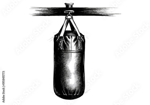 Hand-drawn illustration of a heavy boxing bag hanging from a beam