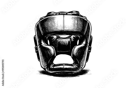 Black boxing headgear with protective padding and ear guards, front view