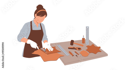 Craftswoman at Work: A skilled artisan meticulously cuts and shapes leather at a workshop table, surrounded by the tools of their trade, showcasing the art of traditional craftsmanship.