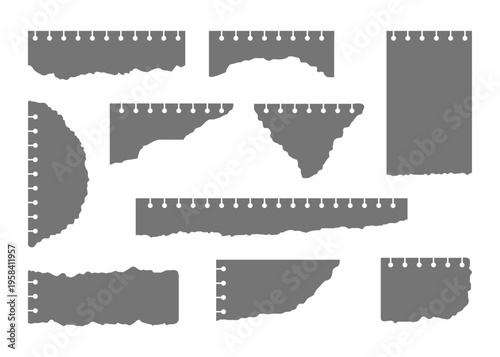 Set of torn paper sheets with spiral holes. Collection of ripped notepad page scraps, stickers and frames. Blank stationery isolated elements for writing notes or creative message. Vector illustration
