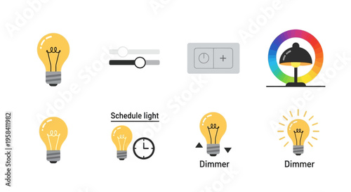 Smart Light Bulb Control Icons Set.