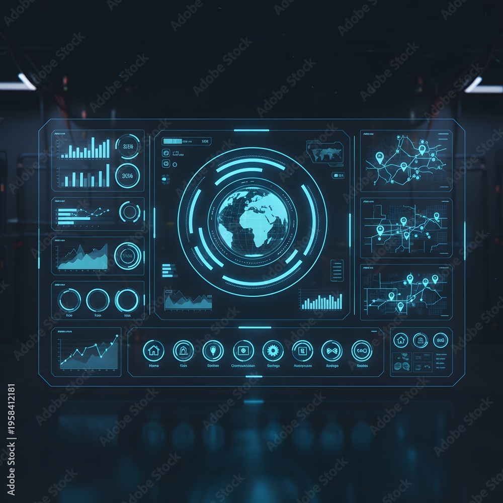 Fototapeta premium Futuristic Global Data Dashboard with Holographic Earth Map and Digital Analytics Cybersecurity Command Center Interface with Blue HUD Infographics and World Map Modern High-Tech Network Monitoring 