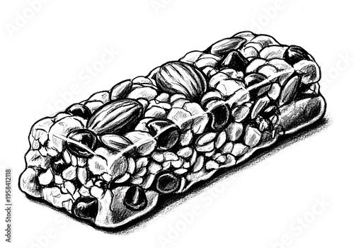 Hand-drawn sketch of a hearty granola bar packed with nuts and seeds