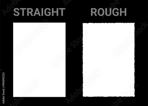 Comparison of graphic element with straight and rough edge. White rectangular frame on black background. Design template for layout, border or torn paper effect. Vector illustration