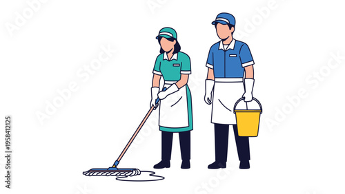 Professional Cleaning Team: A male and female member work in the professional cleaning, both are holding a mop and bucket, ready to maintain hygiene with top-notch service.