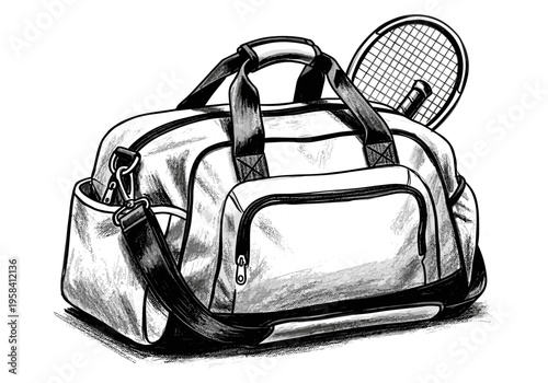 Sports duffel bag with tennis racket ready for a game or practice