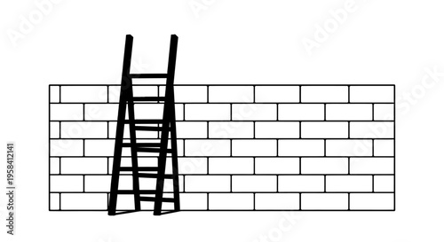 Wooden Ladder Leaning Against a Brick Wall Vector Illustration