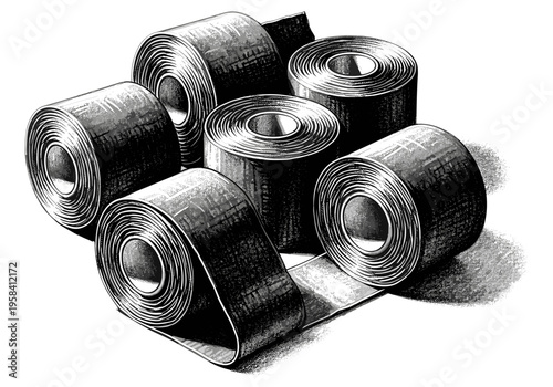 Group of rolled up black and white tape rolls on a white background