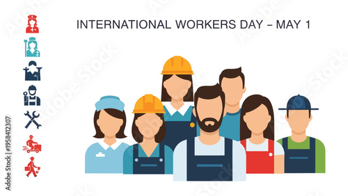 Celebrating International Workers Day: A diverse group of workers is depicted in a vibrant illustration, representing various professions and a collective spirit of labor, unity.