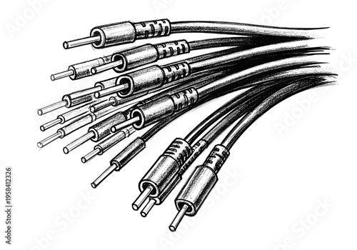 Collection of audio and video cables with RCA connectors in a detailed sketch style