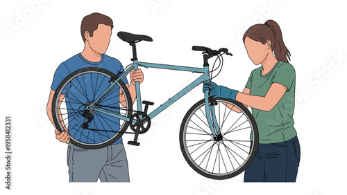 Cycling Partnership: A couple collaborates on bicycle maintenance, highlighting their shared interest in cycling.