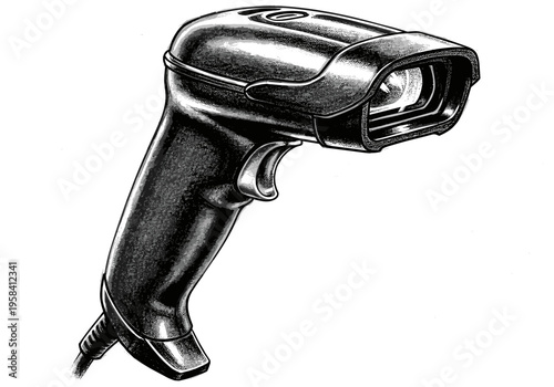 Black handheld barcode scanner with a trigger and cable on a white background