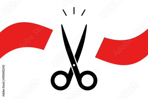 Scissors cutting red ribbon. Grand opening ceremony symbol. Celebration event launch and business inauguration sign. Start of project success. Vector illustration