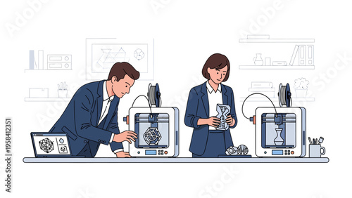 3D Printing Innovation: Two individuals are engrossed in the dynamic process of 3D printing. One is immersed in the task of overseeing the project.