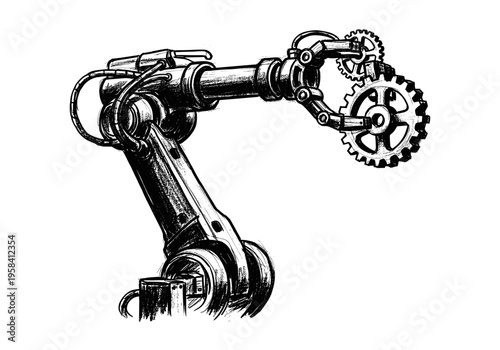 Industrial robotic arm with gears, representing automation and manufacturing processes