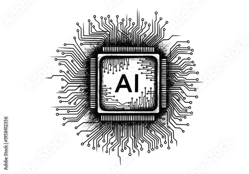 Abstract AI chip with intricate circuitry and digital connections on a white background