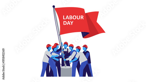Labor Day Celebration: A group of individuals proudly raise a Labor Day flag together, symbolizing the strength and unity of labor. This illustration captures the spirit of the day.