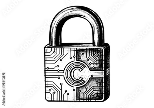 Digital security padlock with integrated circuit board design and copyright symbol