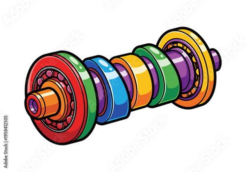 Colorful mechanical shaft with ball bearings and segmented components
